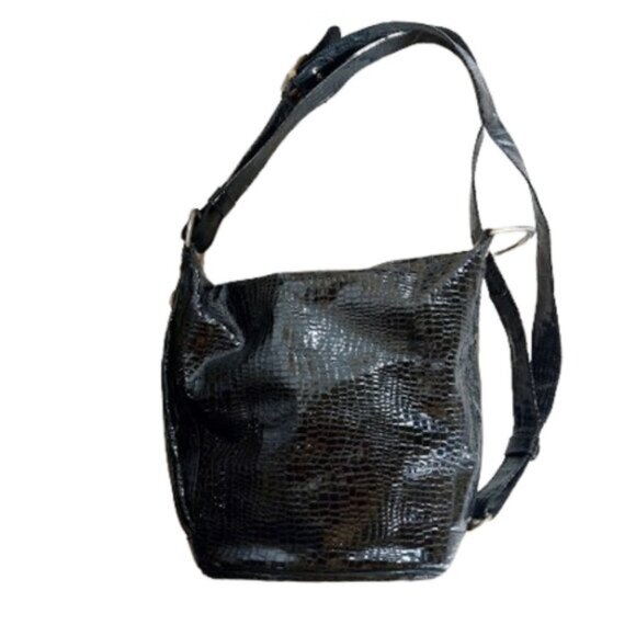 Black Lacquered Look Faux Snake Skin Shoulder Bag - Picture 1 of 9